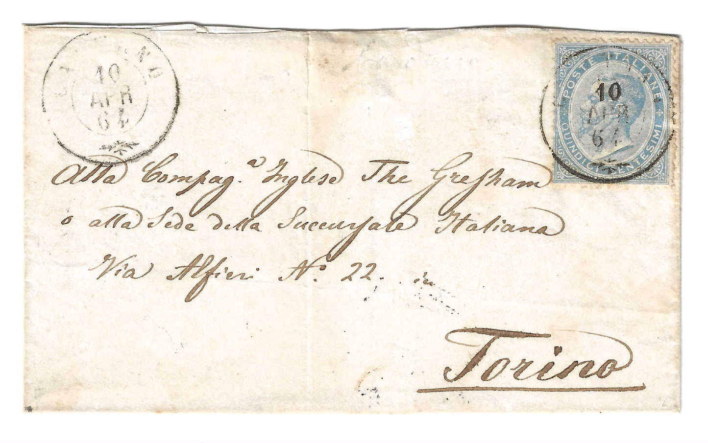1864 Regno d'Italia - Piego da CARDANO a Torino con francobollo da 15 cent. serie De La Rue