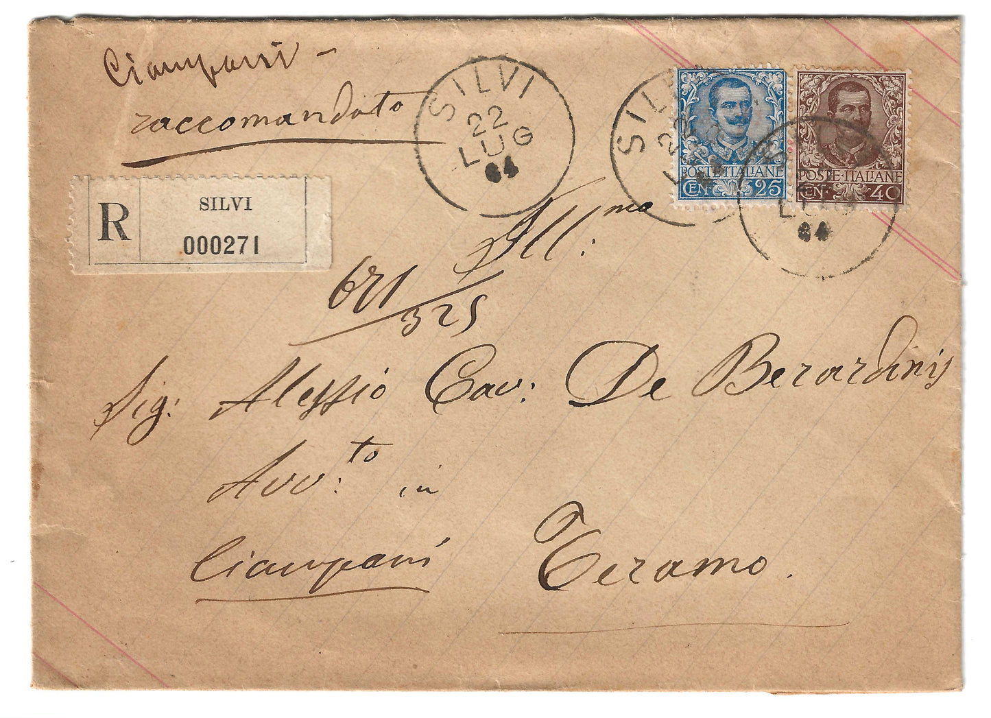 1904 Regno d'Italia Busta bicolore con francobolli da 25 e 40 c. serie Floreale del 1901 Silvi-Teramo