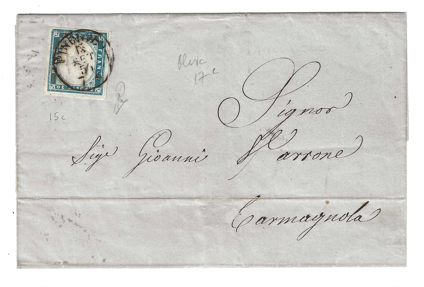 1856 Regno di Sardegna - Piego da Pinerolo a Carmagnola con francobollo da 20 c. Sassone 15c