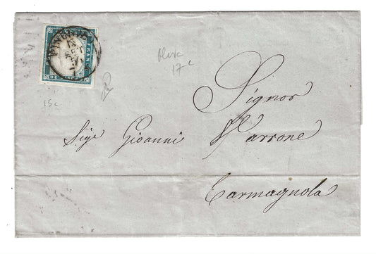 1856 Regno di Sardegna - Piego da Pinerolo a Carmagnola con francobollo da 20 c. Sassone 15c