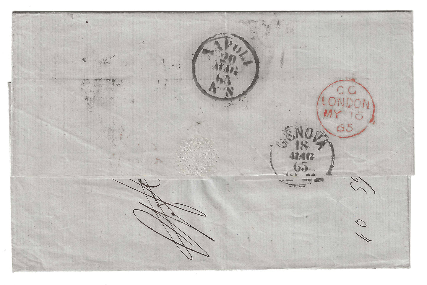 1865 Gran Bretagna - Piego di lettera con francobollo da 6 p. violetto da Leeds a Napoli