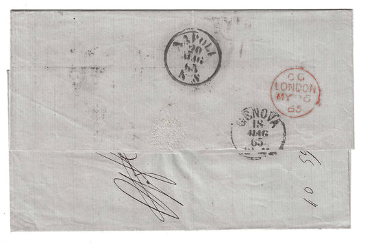 1865 Gran Bretagna - Piego di lettera con francobollo da 6 p. violetto da Leeds a Napoli