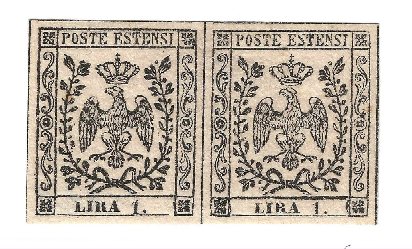 1852 Ducato di Modena - Coppia francbolli da 1 l. bianco con punto Bolaffi MH*