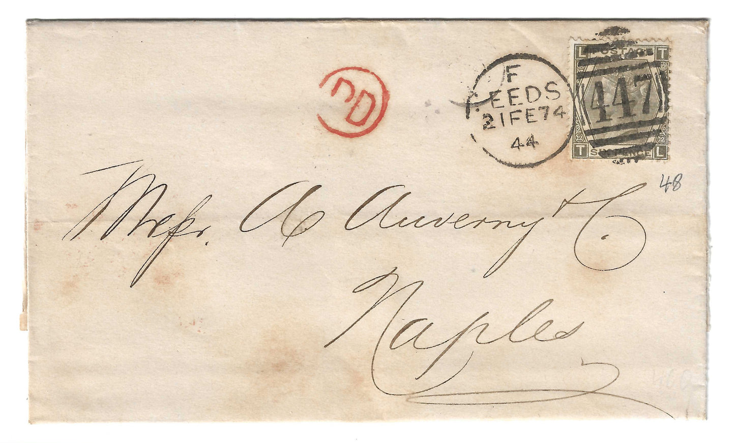 1872 Gran Bretagna - Piego di lettera con francobollo da 6 pence grigio oliva da Leeds a Napoli