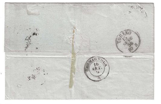 1856 Regno di Sardegna - Piego da Pinerolo a Carmagnola con francobollo da 20 c. Sassone 15c