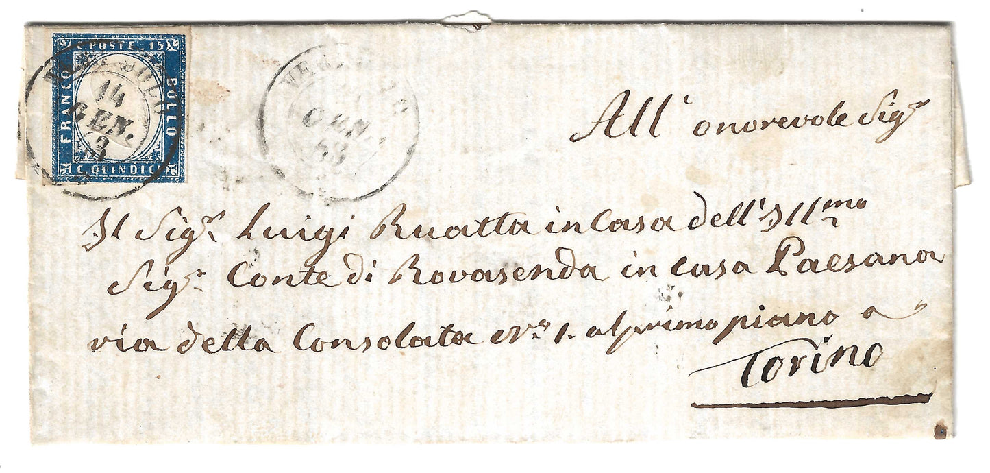 1863 Regno d'Italia - Piego da VERZUOLO a Torino con francobollo da 15 c. tipo Sardegna
