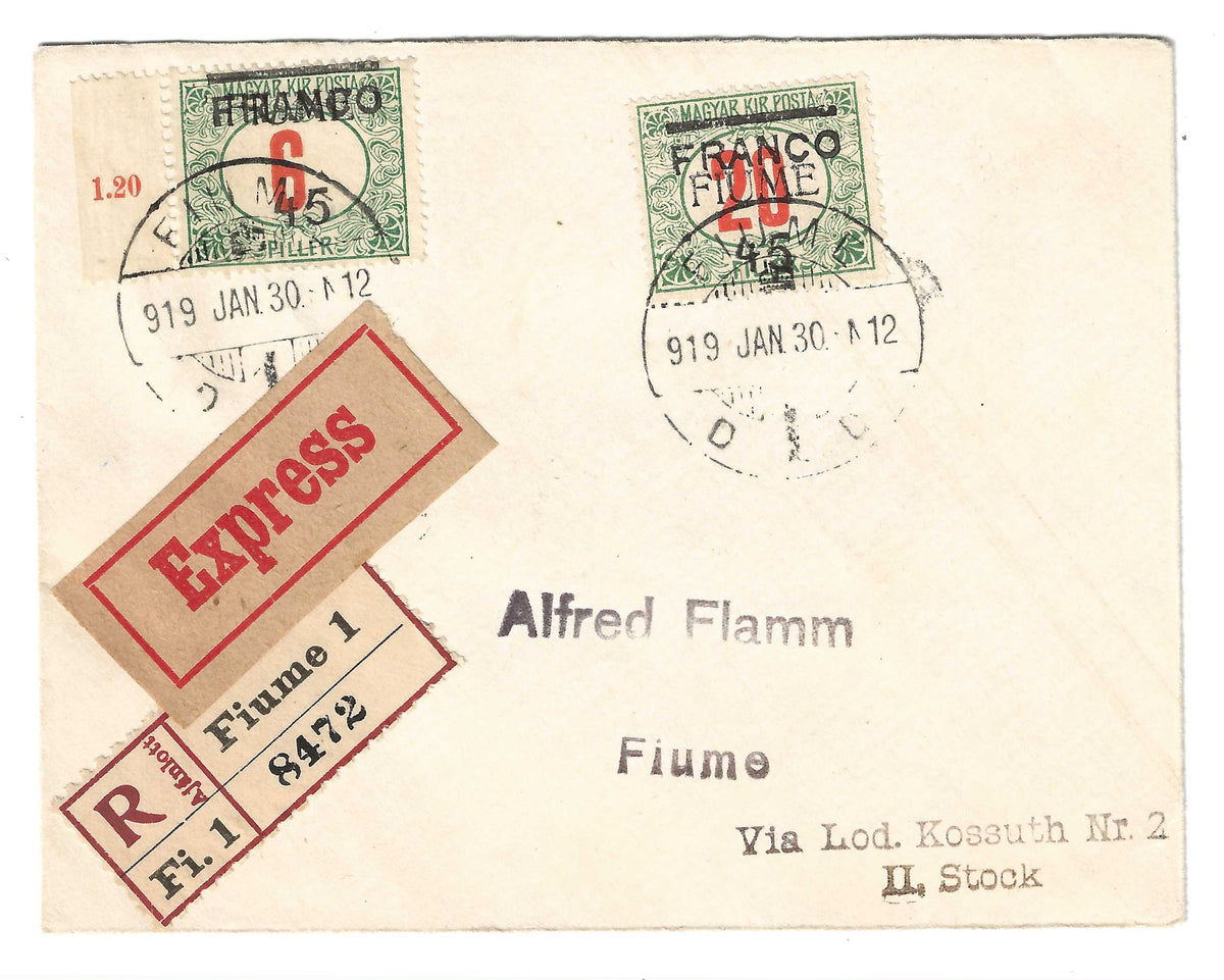 1919 Fiume - Raccomandata con francobolli soprastampati FRANCO 45 c. su 6 f. varietà