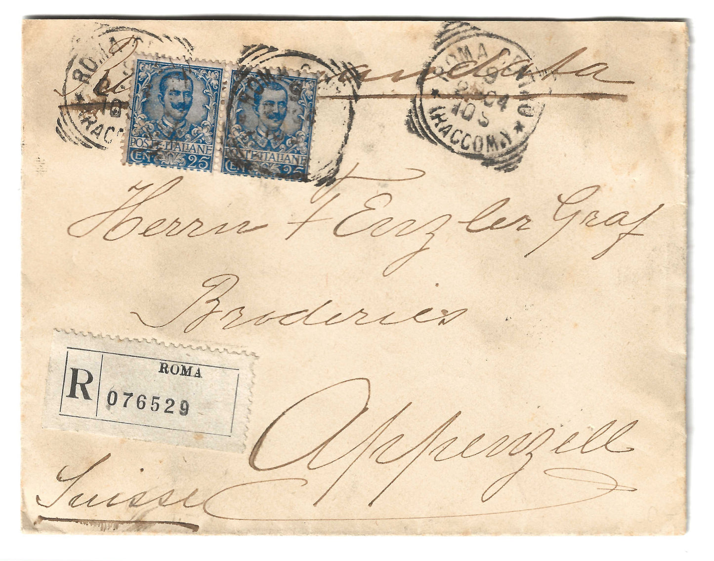 1904 Regno d'Italia - Busta per la Svizzera con coppia francobolli 25 c. serie Floreale del 1901