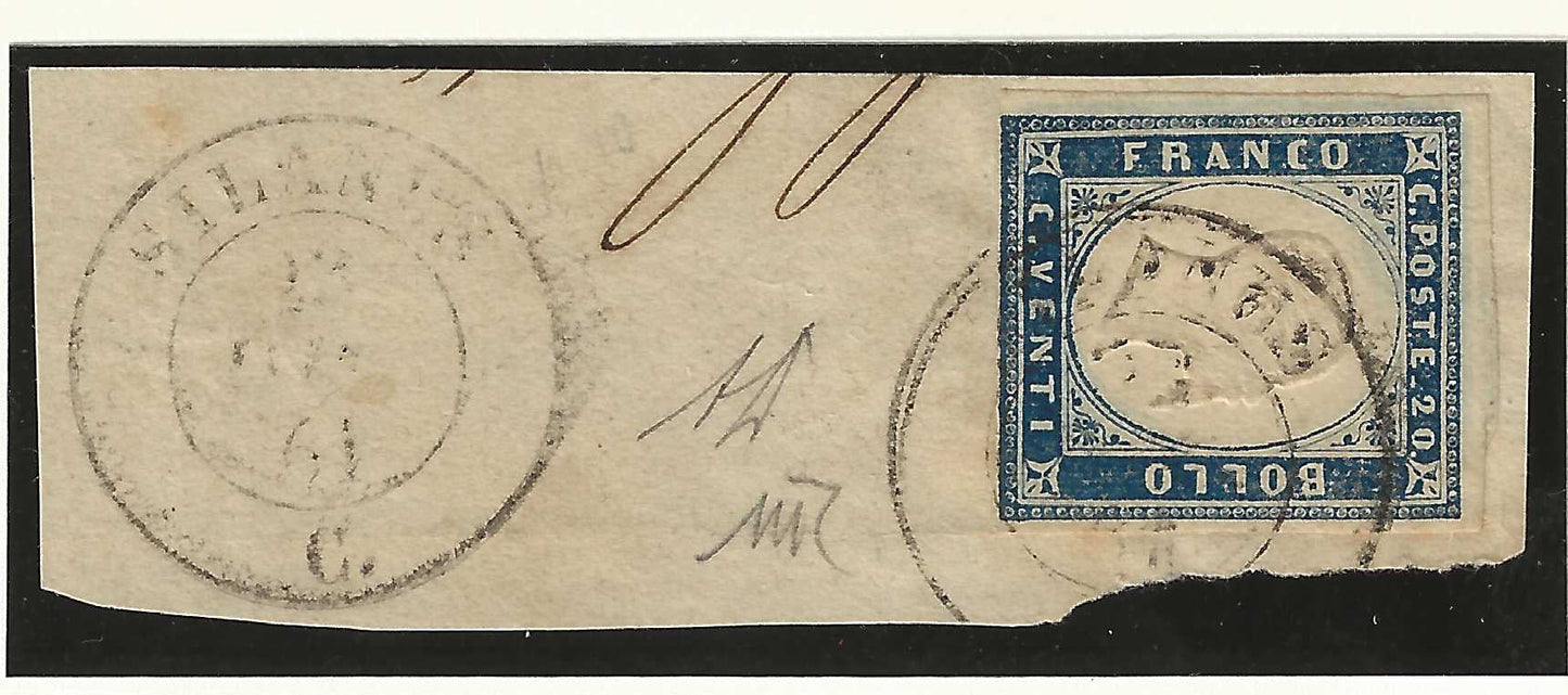 1861 Regno di Sardegna - Frammento con raro annullo di SILANUS / C su francobollo da 20 cent.