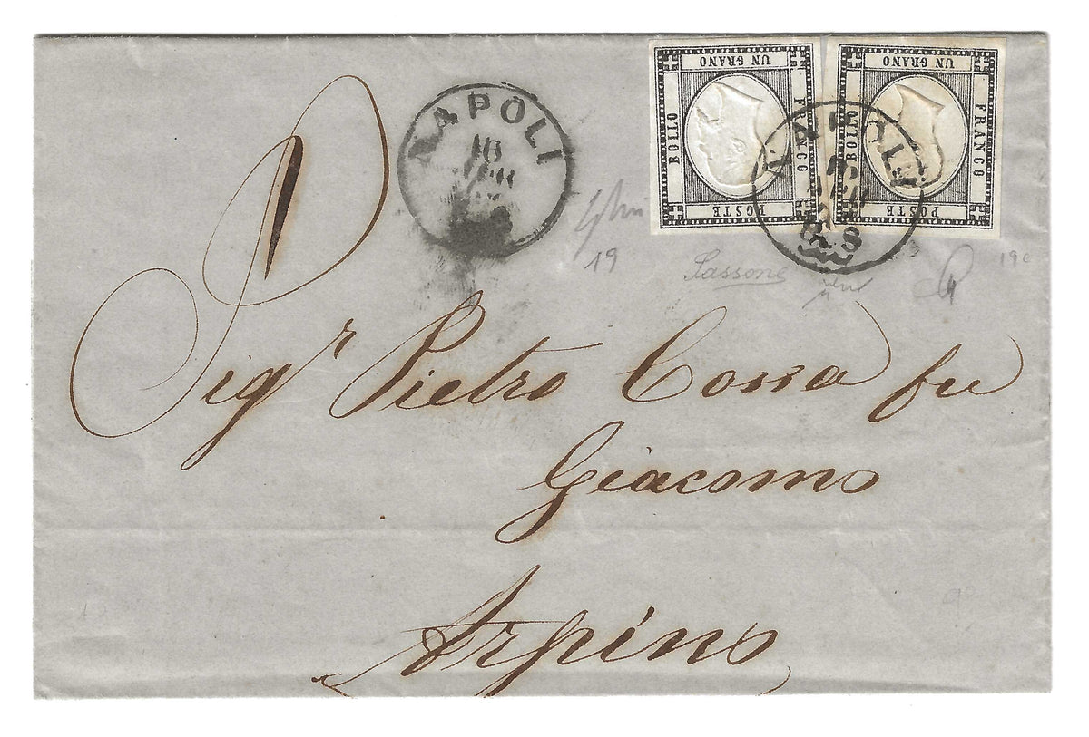 1862 Province Napoletane - Lettera con coppia francobolli da 1 grana 1861 da Napoli a Arpino