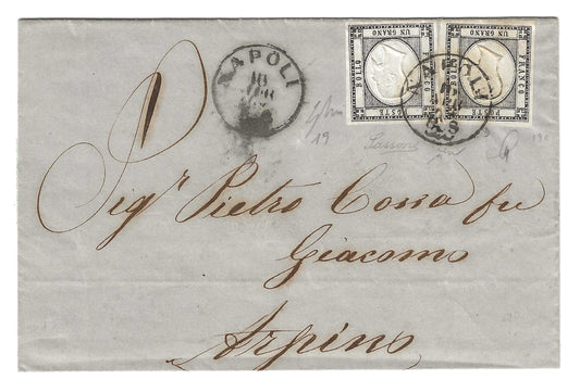 1862 Province Napoletane - Lettera con coppia francobolli da 1 grana 1861 da Napoli a Arpino