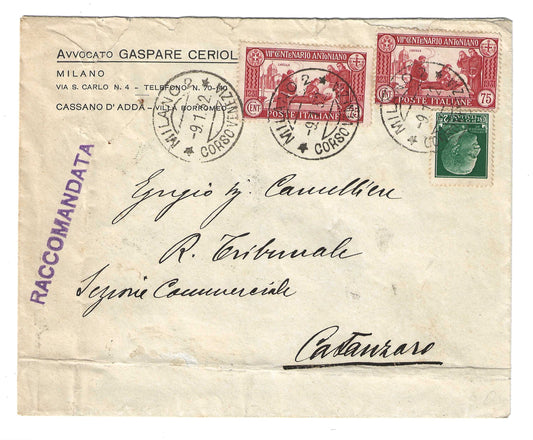 1932 Regno d'Italia busta per Catanzaro con francobolli da 75 c. rossi della serie S. Antonio anno 1931