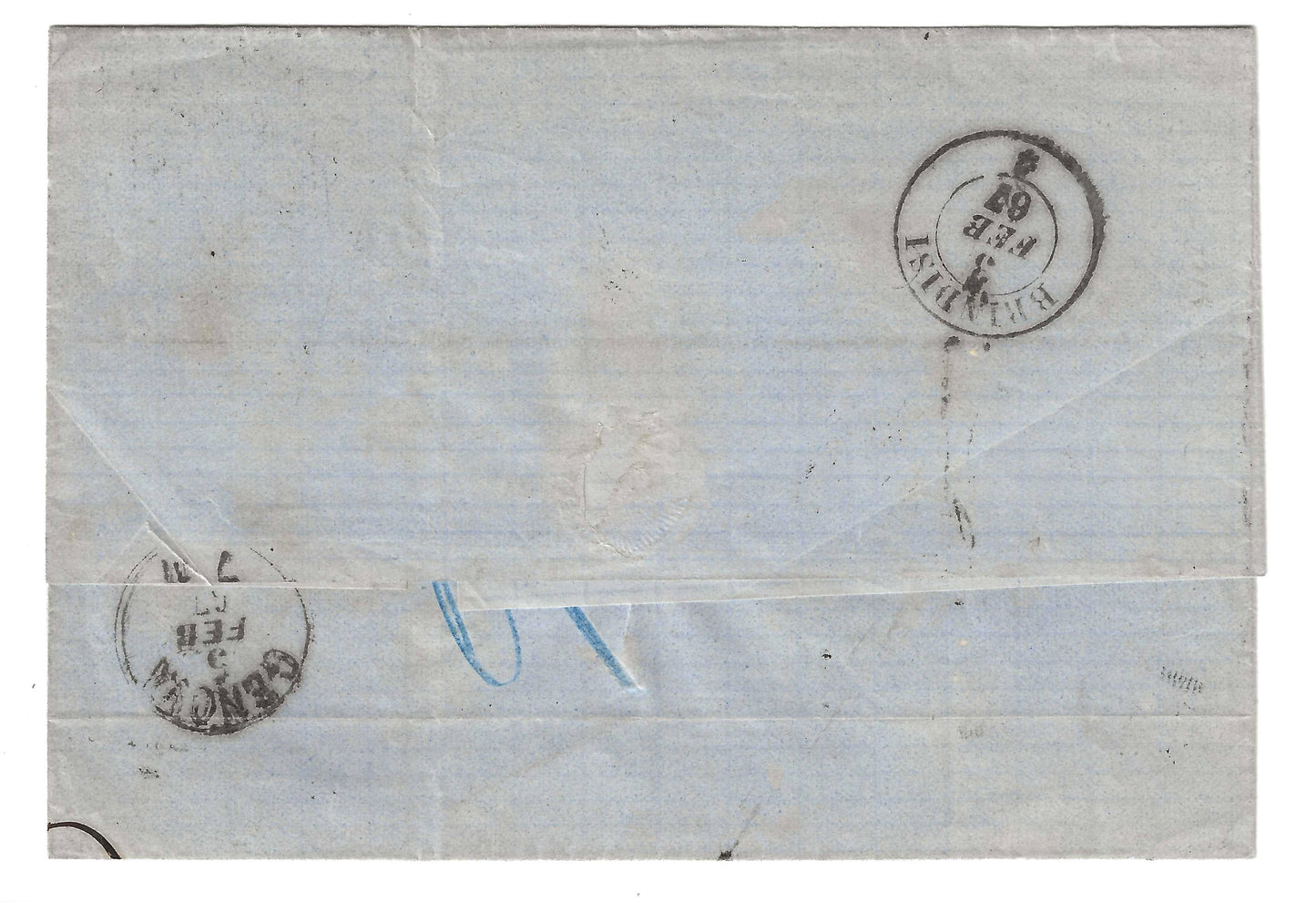 1867 Regno d'Italia - Piego per Genova con francobollo da 60 c. DLR con raro annullo Alessandria d'Egitto senza ore