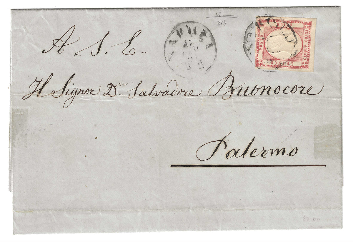 1861 Province Napoletane - Francobollo da 5 grana rosa lilla su lettera per Palermo