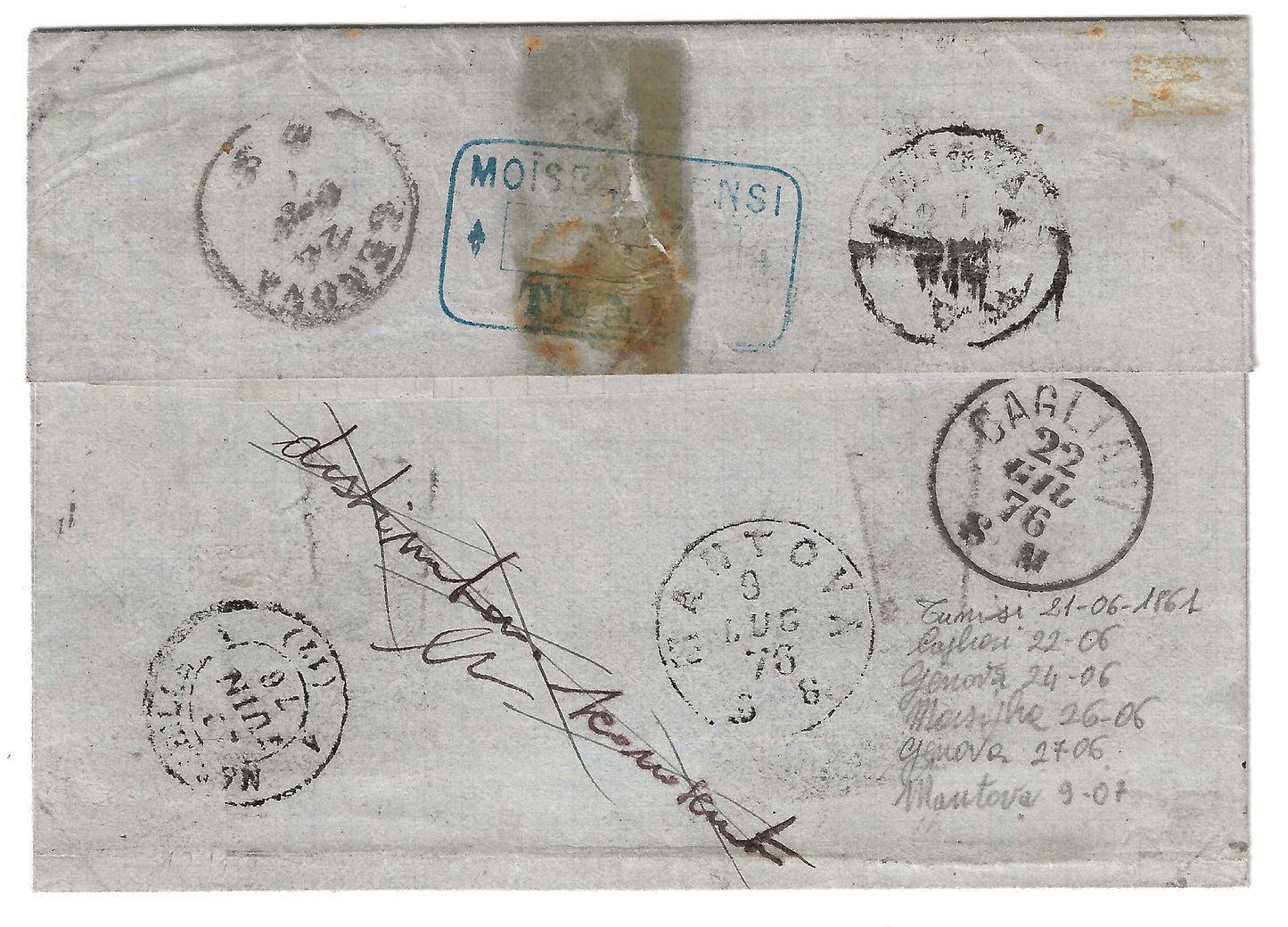 1876 Regno d'Italia - Lettera con rispedizioni varie e francobollo da 30 c. Estero e annullo COI POSTALI ITALIANI