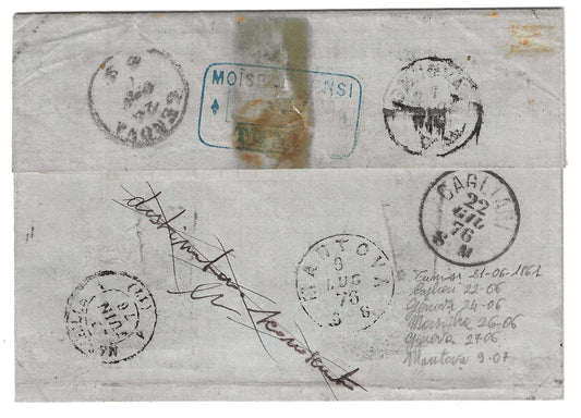 1876 Regno d'Italia - Lettera con rispedizioni varie e francobollo da 30 c. Estero e annullo COI POSTALI ITALIANI