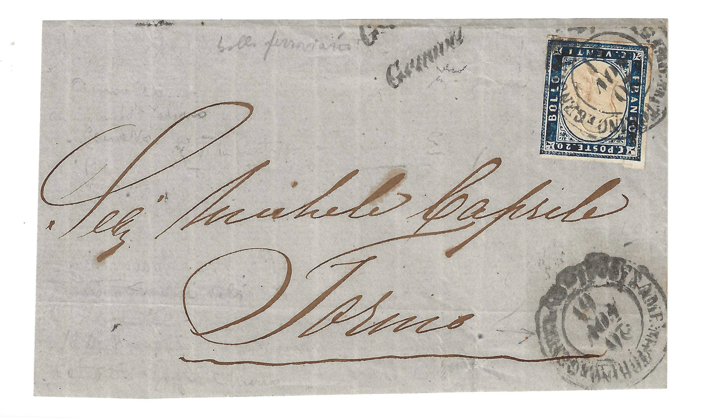 1861 Sardegna - Frontespizio con francobollo da 20 c. Sassone 15Df e annullo Ambulante GE-TO Ticino 1