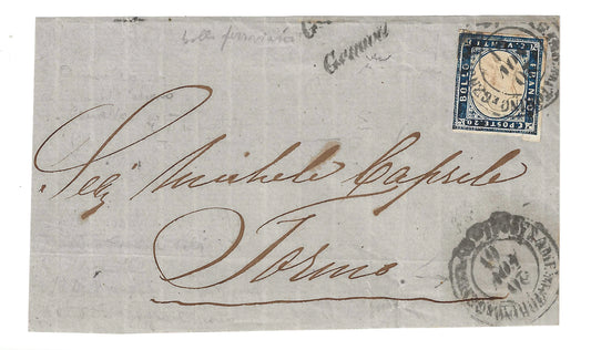 1861 Sardegna - Frontespizio con francobollo da 20 c. Sassone 15Df e annullo Ambulante GE-TO Ticino 1