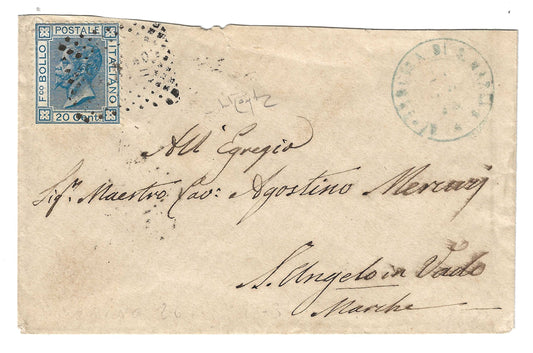 1873 Regno d'Italia Busta con 20 c. Bigola e annullo della Repubblica di San Marino
