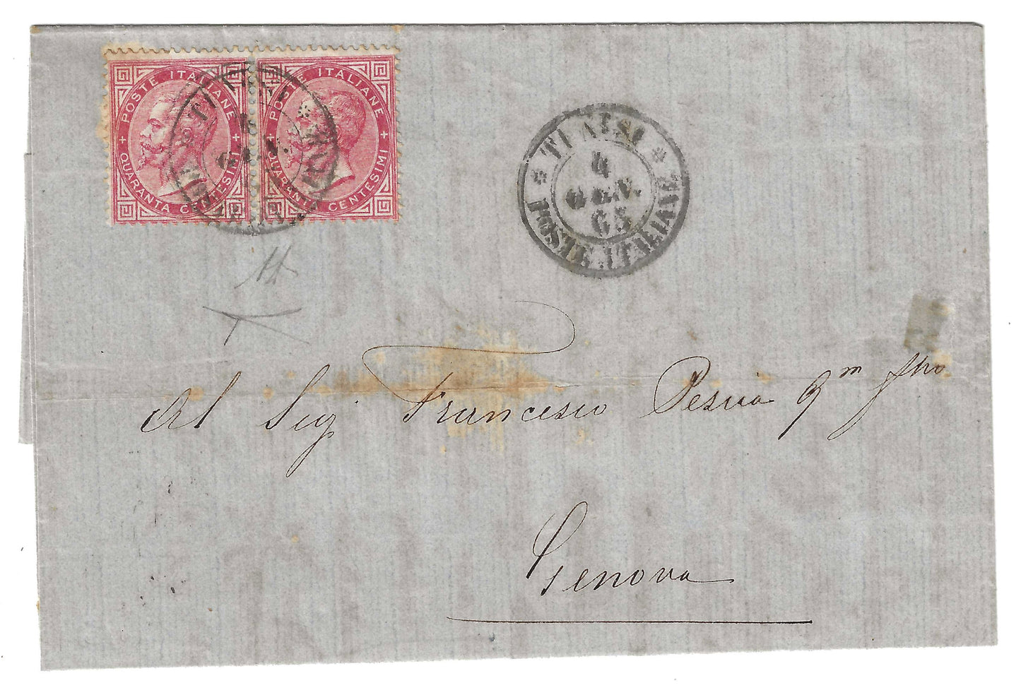 1865 Regno d'Italia - Piego per Genova con coppia 40 c. DLR con annullo Tunisi Poste Italiane