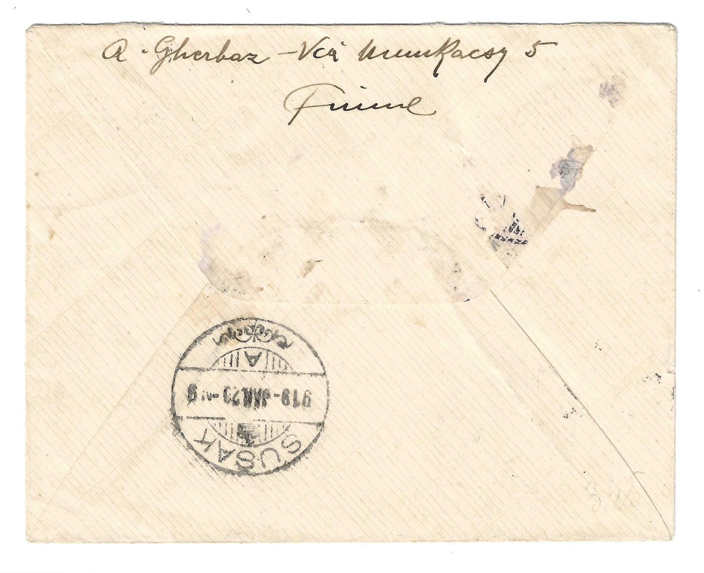 1919 Fiume Busta per Susak con francobollo 45 su 6 f. soprastampa FRANCO 45 fortemente spostata in alto