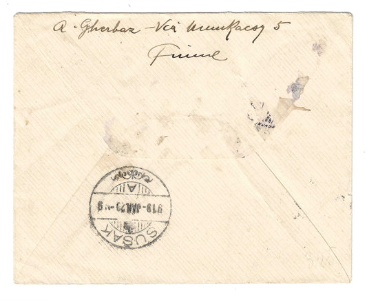 1919 Fiume Busta per Susak con francobollo 45 su 6 f. soprastampa FRANCO 45 fortemente spostata in alto