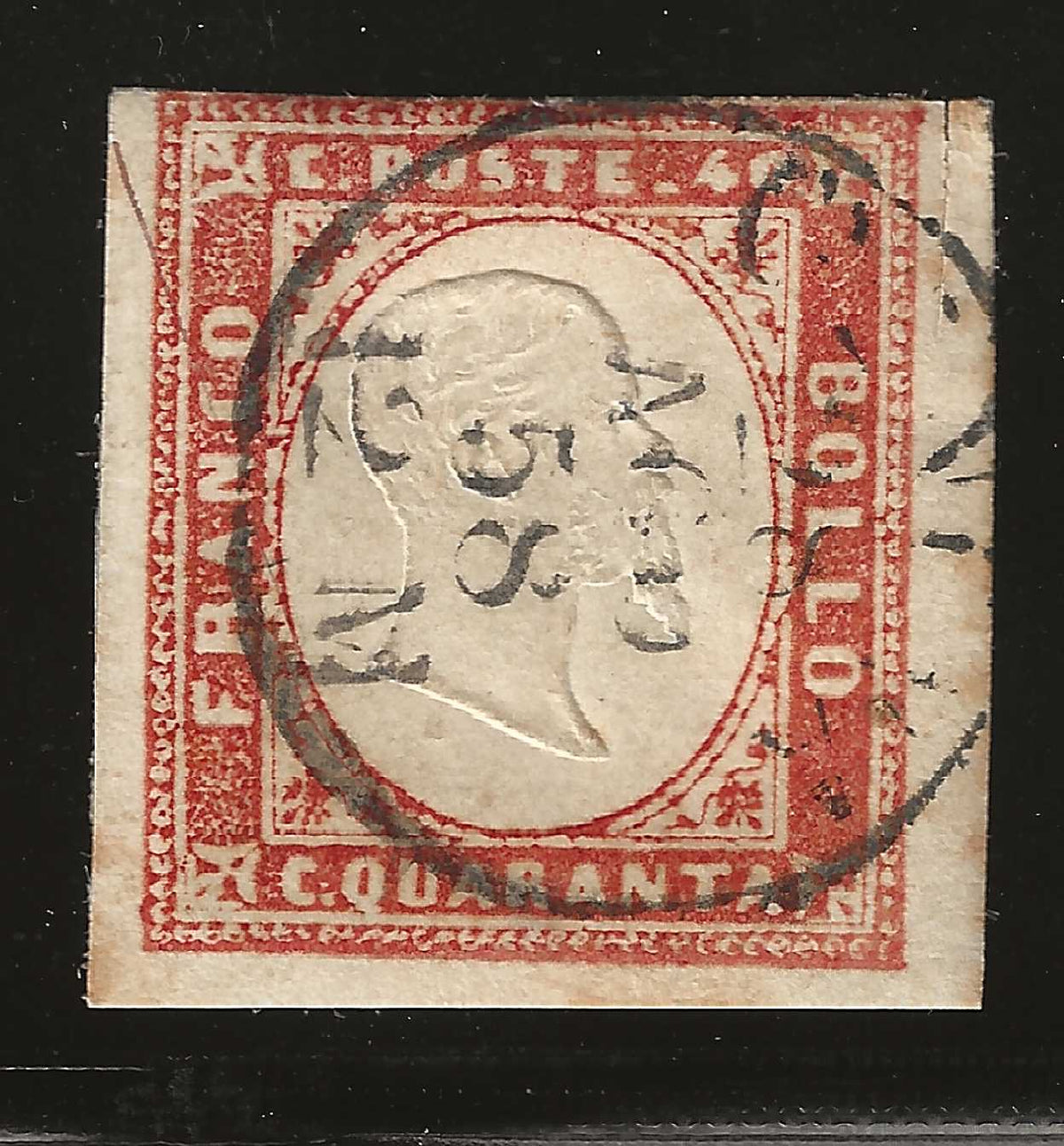 1857 Regno di Sardegna - Francobollo da 40 c. vermiglio arancio scuro Sassone 16Ac firmato Bottacchi