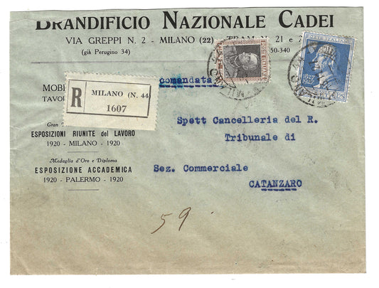 1927 Regno d'Italia busta per Catanzaro da Milano con francobolli 1,25 l. serie A. Volta e 50 c. tipo Parmeggiani