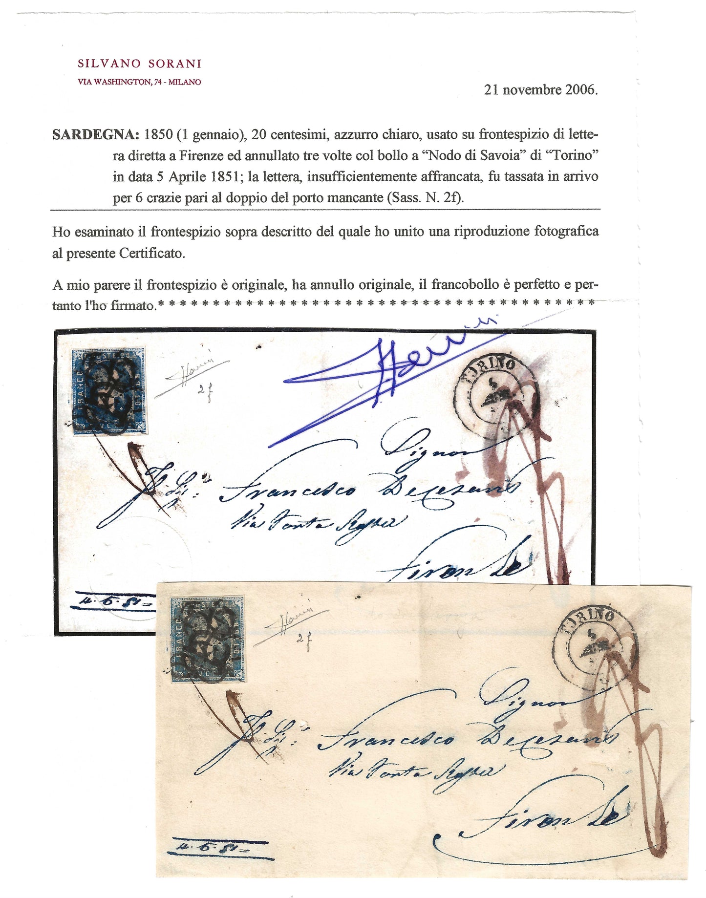 1851 Regno di Sardegna - Frontespizio con francobollo da 20 c. I emissione con tripla impronta Nodo di Savoia