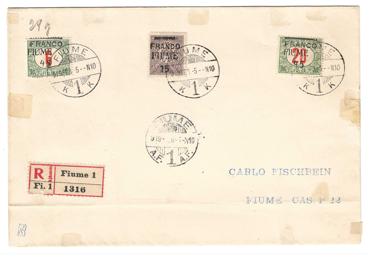 1919 Fiume - Raccomandata con Segnatasse soprastampati e 15 f. FANCO FIUME 15