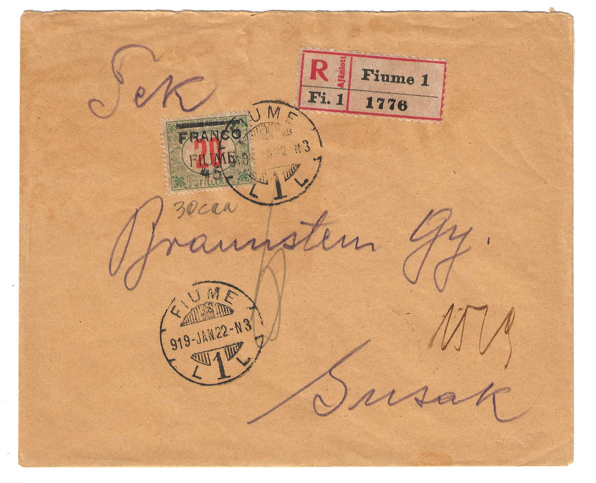 1919 Fiume - Busta per Susak con francobollo da  45 su 20 f. FRANCO 45 doppia soprastampa del 45