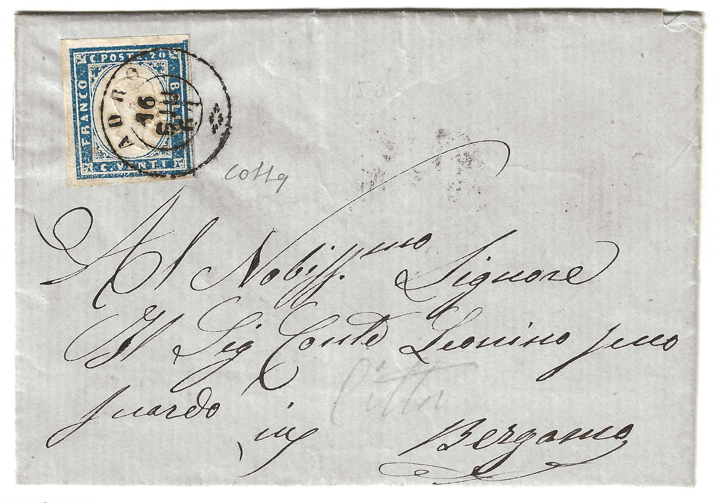 1861 Regno di Sardegna Piego con francobollo 20 c. azzurro grigio Sassone 15Cc e annullo di Adro