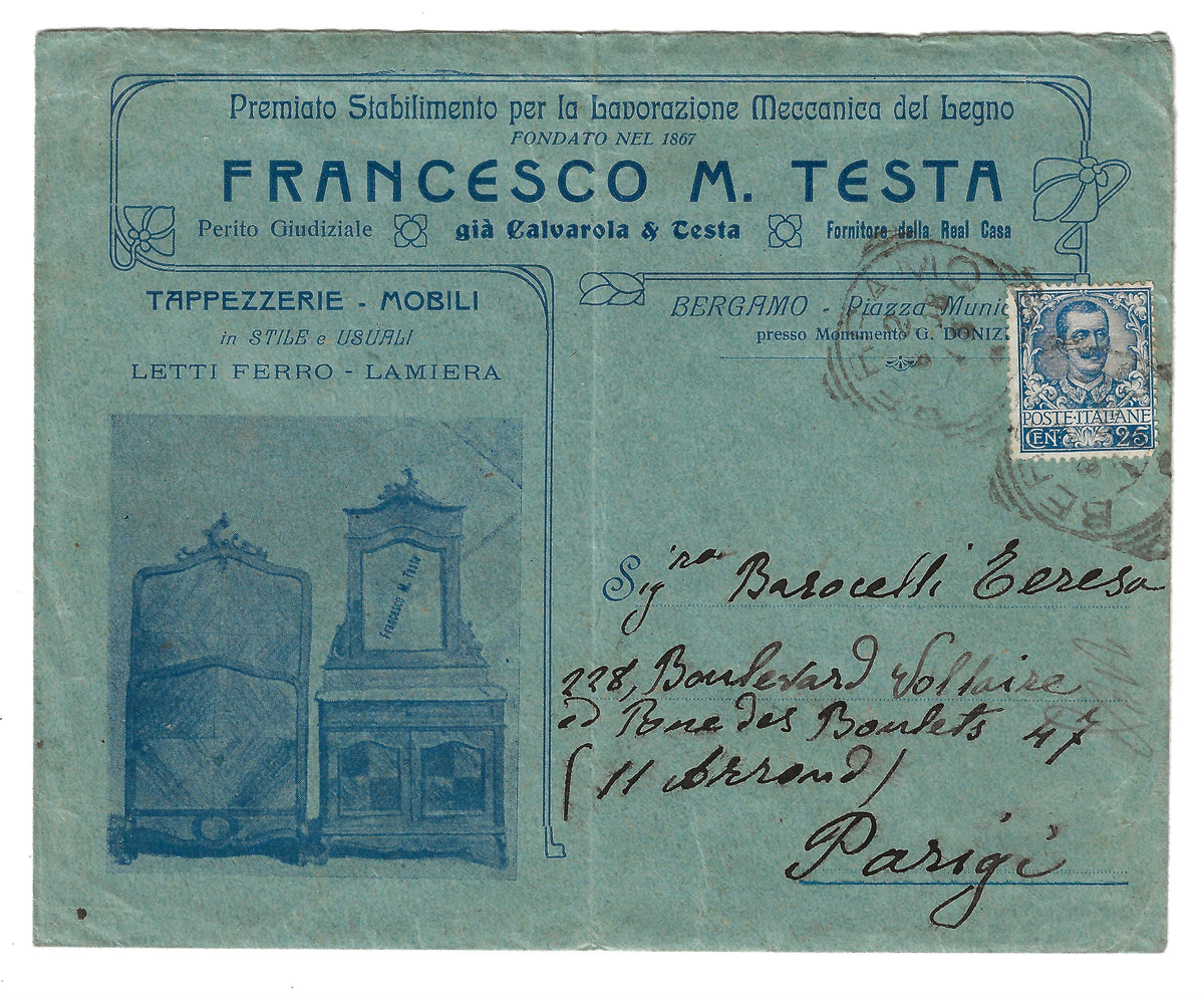 1901 Regno d'Italia - Francobollo da 25 c. azzurro Floreale isolato su busta per Parigi