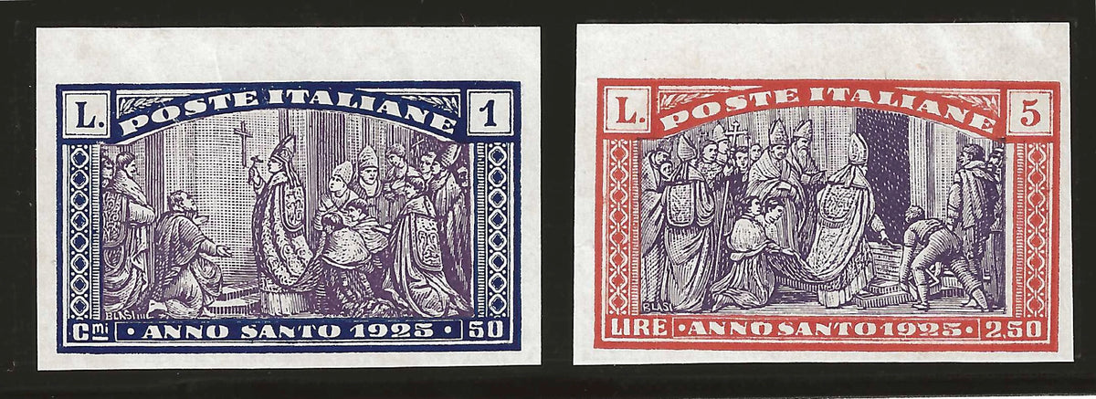 1924 Regno - Prove francobolli da 1 e 5 l. Anno Santo senza filigrana non dentellate MH*