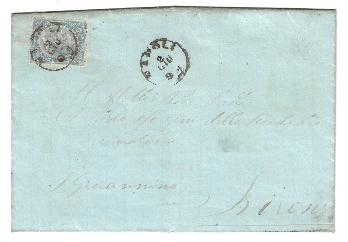 1863 Regno d'Italia - Lettera da Napoli cerchio senz'anno e francobollo da 15 c. De La Rue