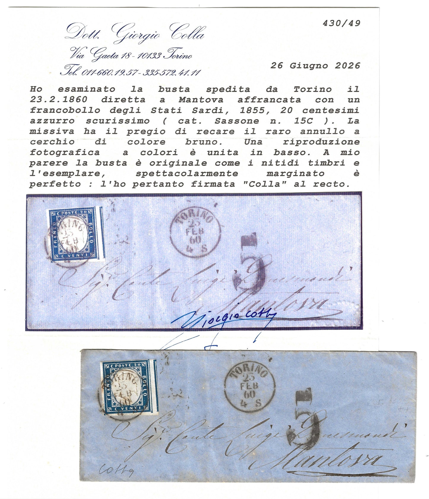 1860 Sardegna - Busta con raro annullo bruno di Torino a cerchio semplice e 20 c. IV emissione