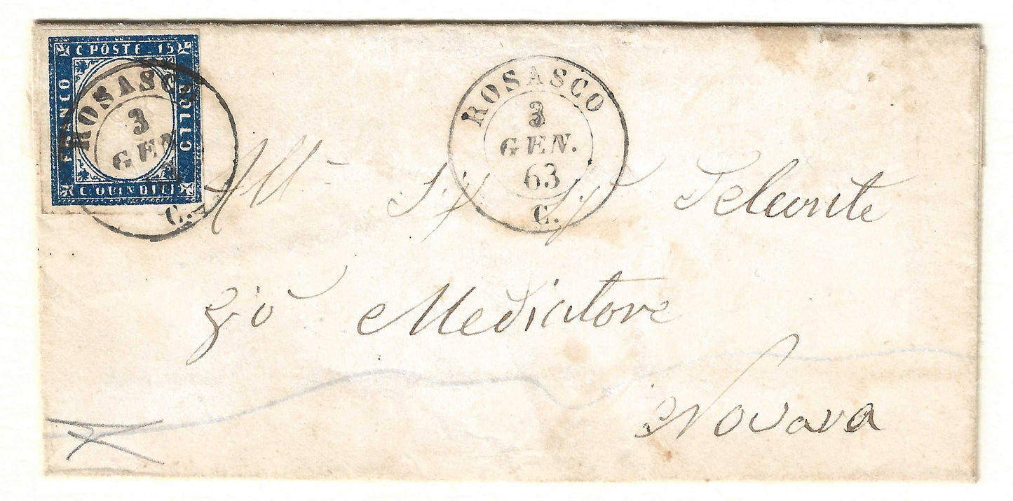1863 Regno d'Italia - Piego da ROSASCO a Novara con francobollo da 15 c. tipo Sardegna usato nel 3° giorno d'uso