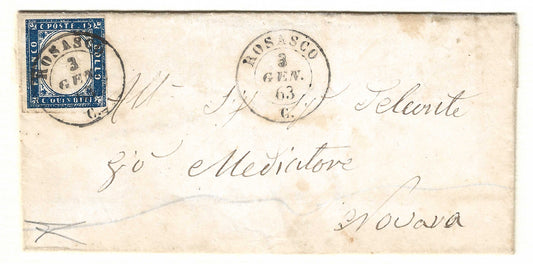 1863 Regno d'Italia - Piego da ROSASCO a Novara con francobollo da 15 c. tipo Sardegna usato nel 3° giorno d'uso