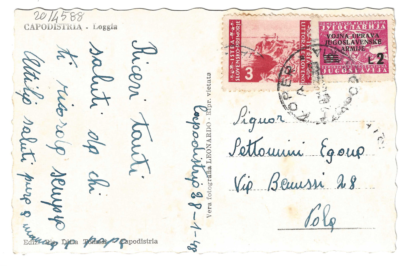 Amministrazione militare Jugoslava - Cartolina per Pola da Capodistria del 1948