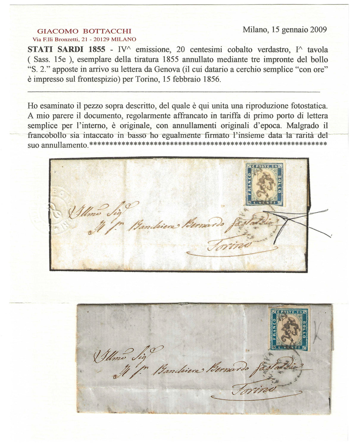 1856 Regno di Sardegna - Francobollo da 20 c. cobalto verdastro su piego con impronte timbro S.2
