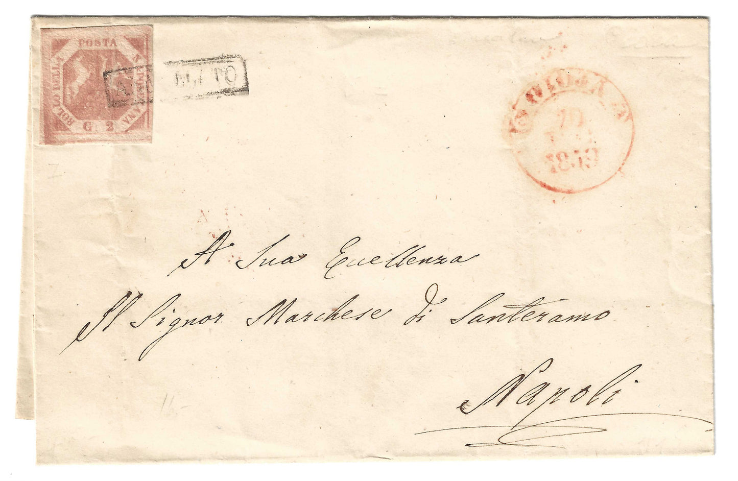 1859 Regno di Napoli - Piego di lettera da Gioja a Napoli con francobollo da 2 grana rosa brunastro