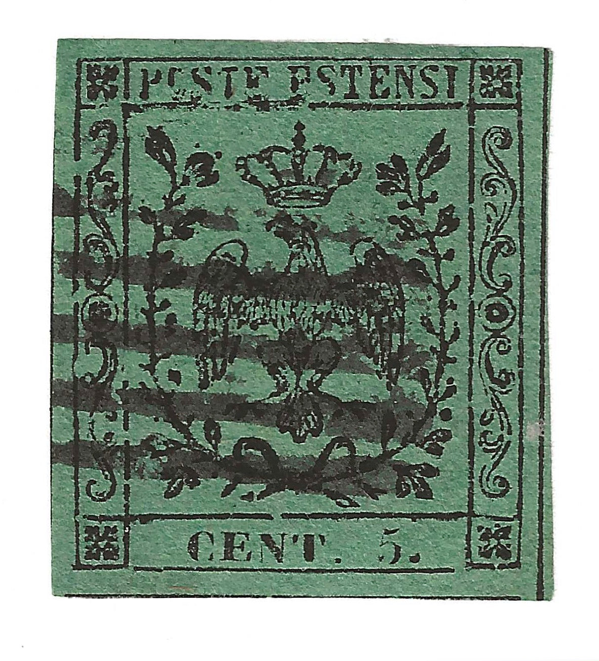 1852 Ducato di Modena - Francobollo da 5 c. verde con punto usato firmato Bottacchi