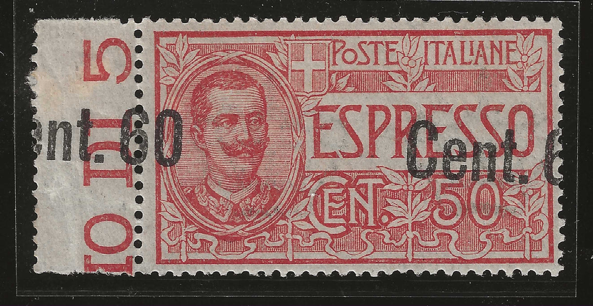 1922 Regno d'Italia - Francobollo per espresso 60 su 50 c. soprastampa spostata sul bordo MH*