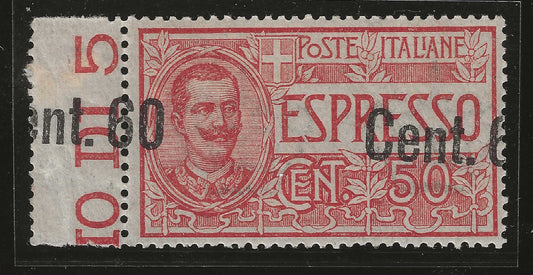 1922 Regno d'Italia - Francobollo per espresso 60 su 50 c. soprastampa spostata sul bordo MH*