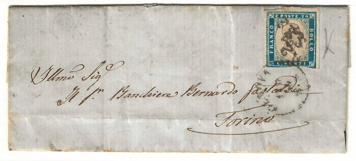 1856 Regno di Sardegna - Francobollo da 20 c. cobalto verdastro su piego con impronte timbro S.2