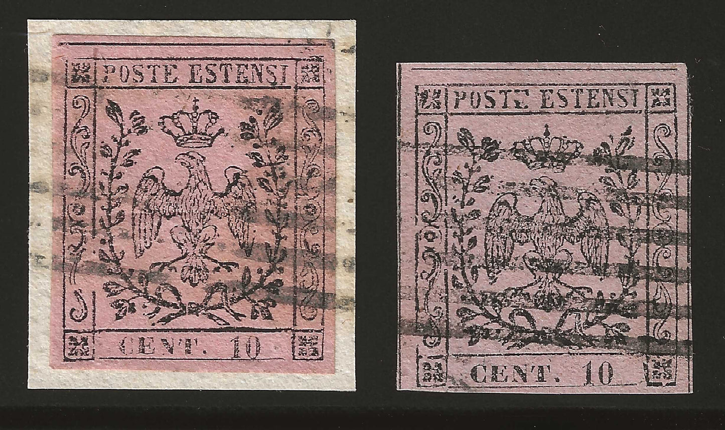 1852 Ducato di Modena - Francobolli da 10 c. rosa senza punto usati tinte diverse A. Diena
