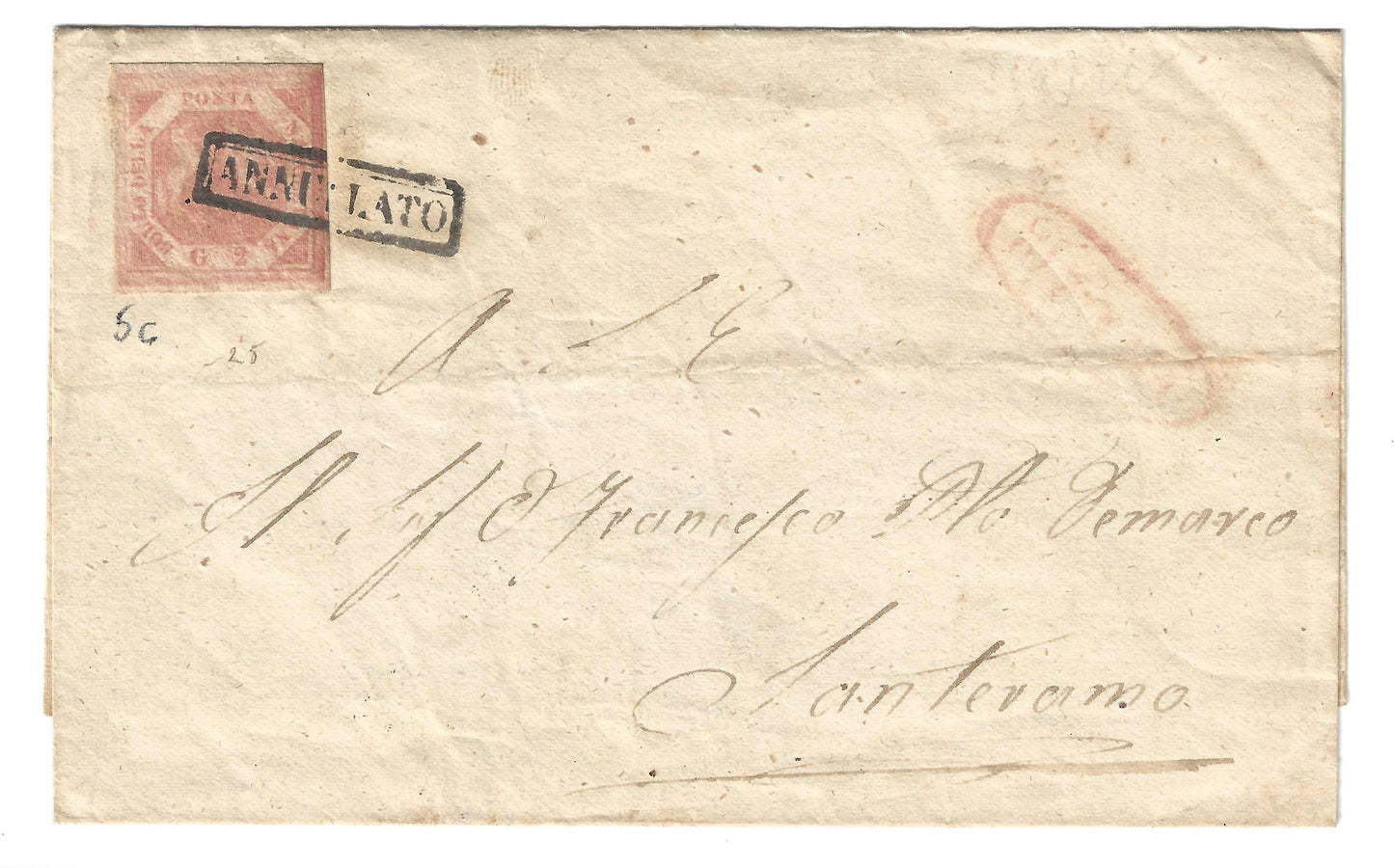 1858 Regno di Napoli - Piego di lettera da Trani a Santeramo con francobollo da 2 grana rosa brunastro