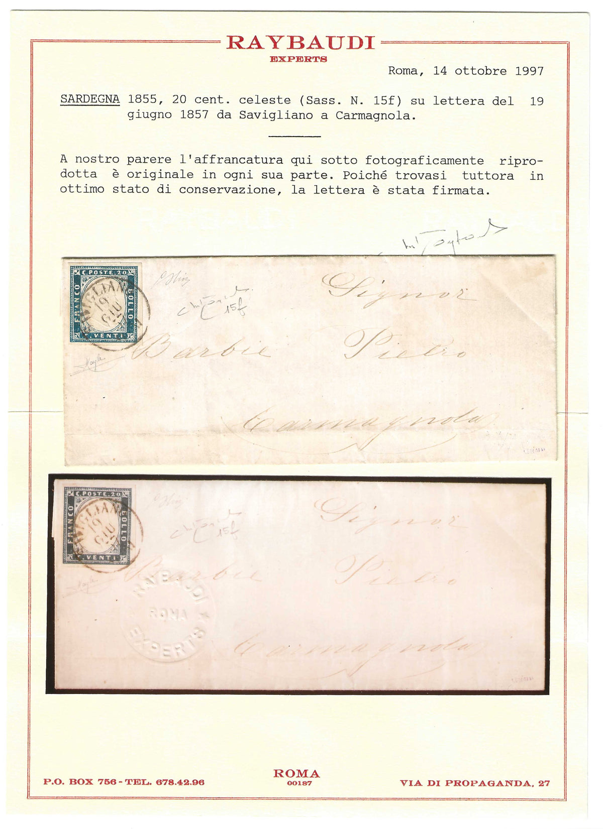 1857 Regno di Sardegna - Piego da Savigliano a Carmagnola con francobollo da 20 c. celeste IV emissione