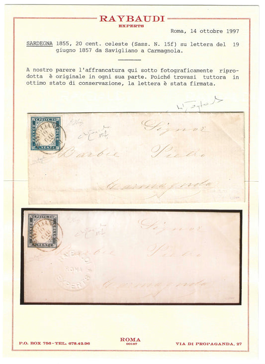 1857 Regno di Sardegna - Piego da Savigliano a Carmagnola con francobollo da 20 c. celeste IV emissione