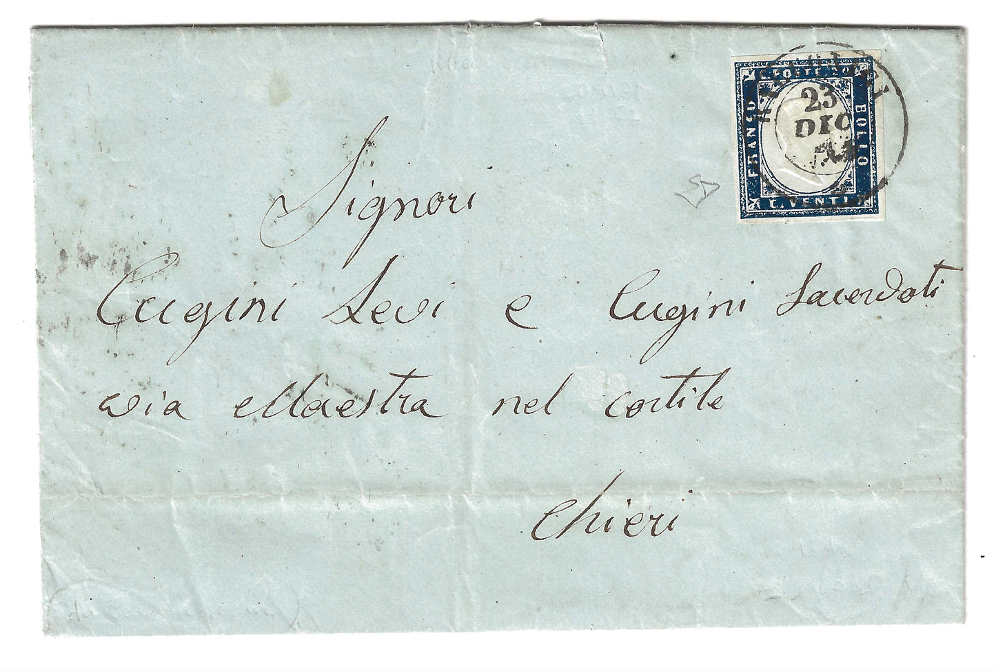 1857 Regno di Sardegna - Piego da RACCONIGI a Chieri con francobollo da 20 cent. IV emissione E. Diena